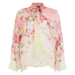Long Sleeve Miami Flowers Tie Neck Chiffon Blouse