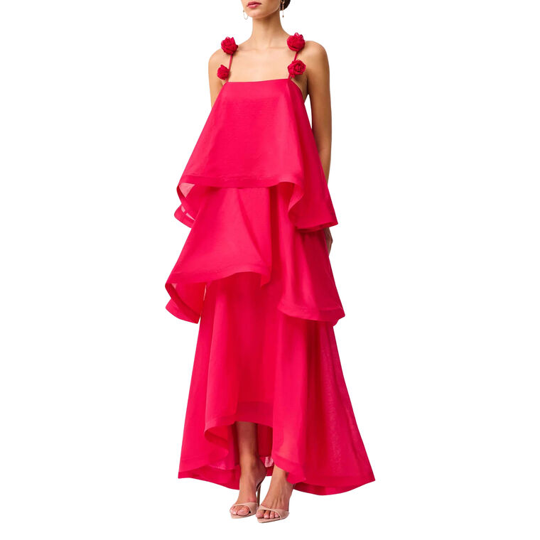 Thalia Sleeveless Rose-Trim Tiered Gown image number null
