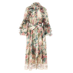 Amanda Long Sleeve Floral Ruffle Belted Midi Dress