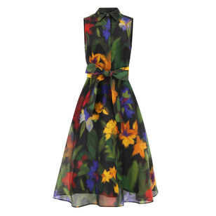 Silken Linen Hazy Floral Sleeveless Midi Shirt Dress