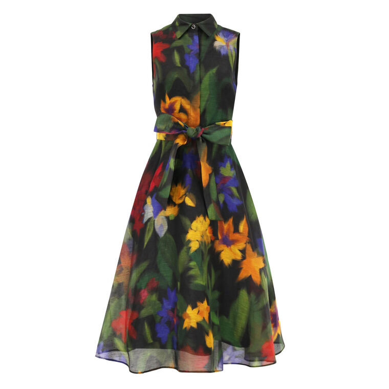 Silken Linen Hazy Floral Sleeveless Midi Shirt Dress image number null
