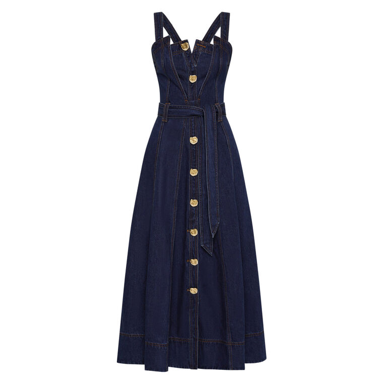 Gianna Sleeveless Belted Denim Midi Dress image number null