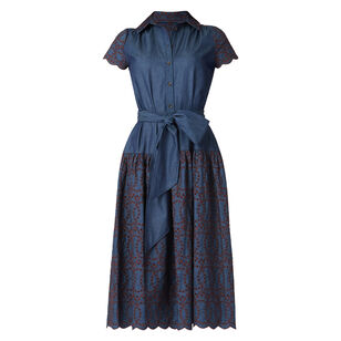Sofia Short Sleeve Belted Embroidered Chambray Midi Dress