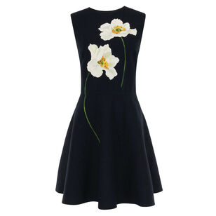 Sleeveless Peony Print Wool Day Dress