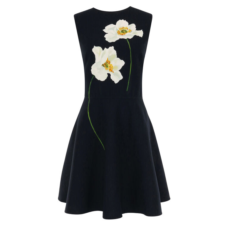 Sleeveless Peony Print Wool Day Dress image number null