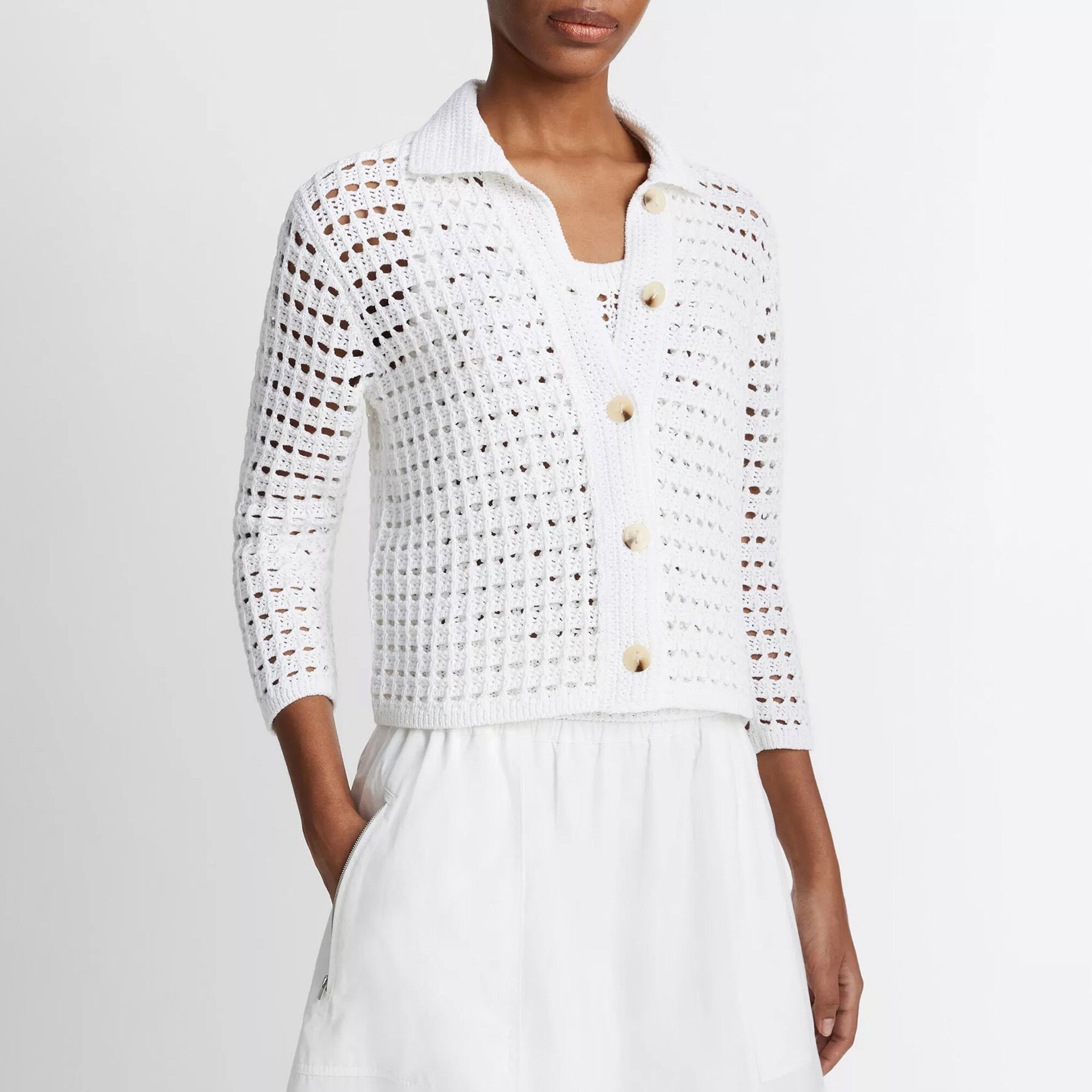 Block-Stitch Cotton Three-Quarter-Sleeve Cardigan