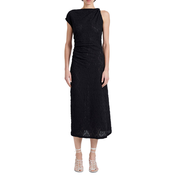 Astra Short Sleeve Ruched Asymmetric Midi Dress In Stretch Lace image number null