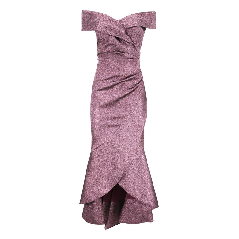 Jacquard Ruffle High Low Off-The-Shoulder Gown image number null