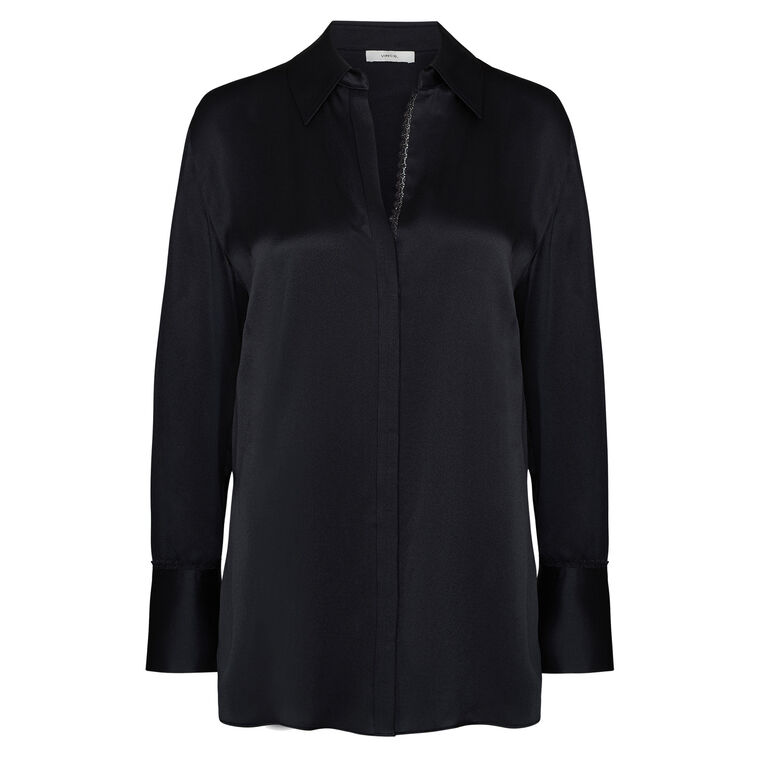 Placket Lace Trim Relaxed Silk Shirt image number null