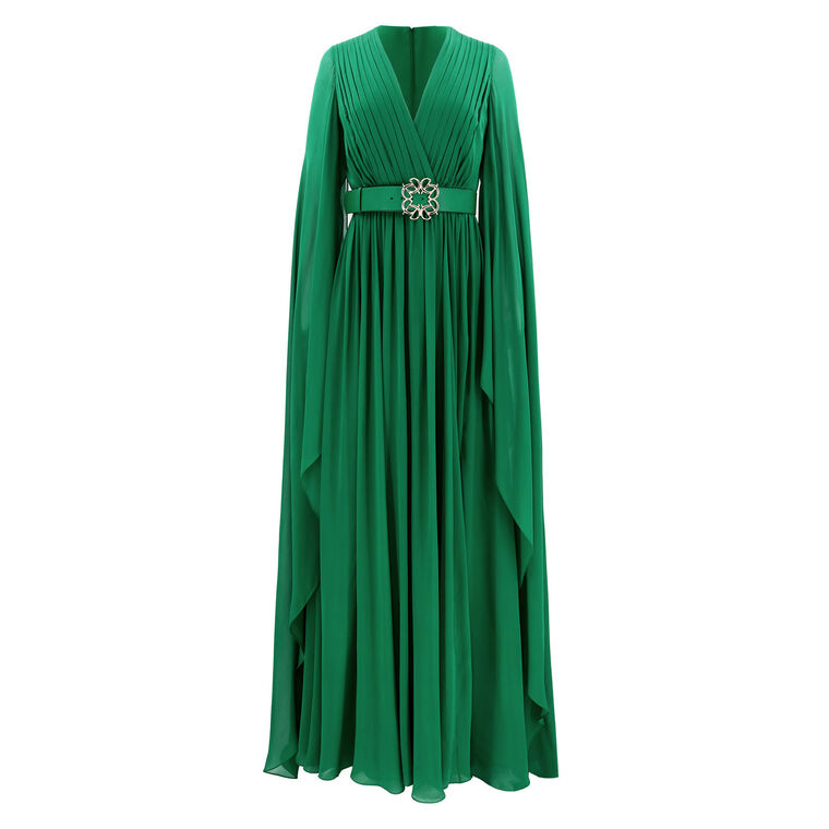 Long Plunging Neck Slit Silk Dress image number null