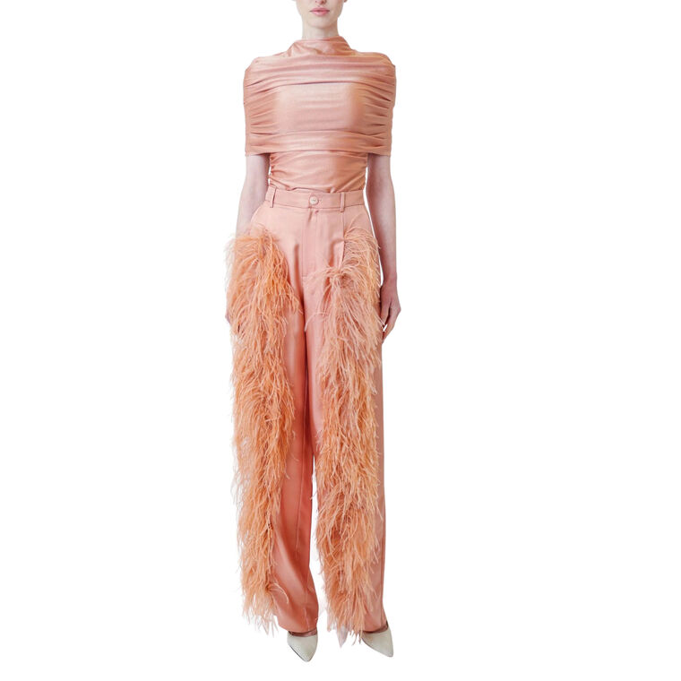 Silky Twill Relaxed Pleated Pant With Feathers image number null