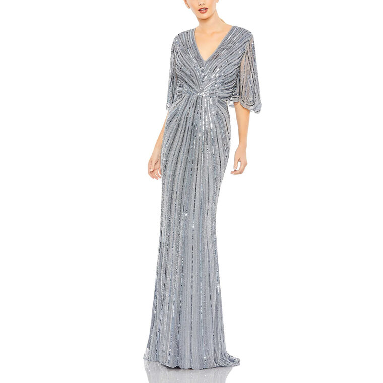 Sequined V-Neck Cape Sleeve Column Gown image number null