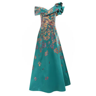 Metallic Jacquard Asymmetrical Ruffle Shoulder Floor-Length Gown