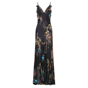 V-Neck Silk Maxi Slip Dress With Flounce Hem