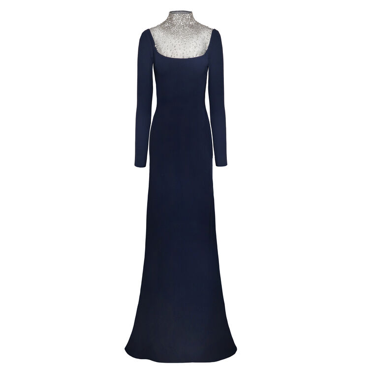 Ombre Beaded Neckline Long Sleeve Gown image number null