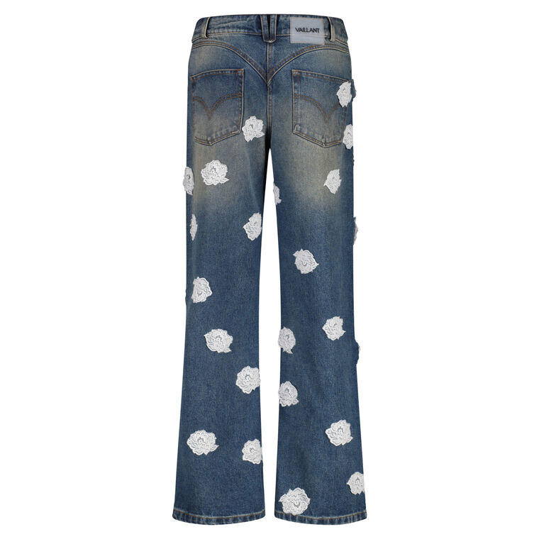 Washed And Stained Denim Jeans With Lace Polka Dots image number null