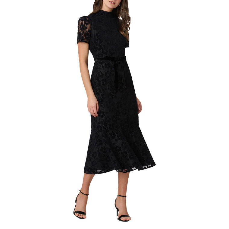 Pierre Short Sleeve Mock Neck Lace Midi Dress image number null