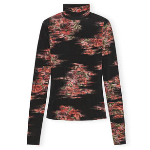 Printed Shiny Jersey Long Sleeve Turtleneck Top