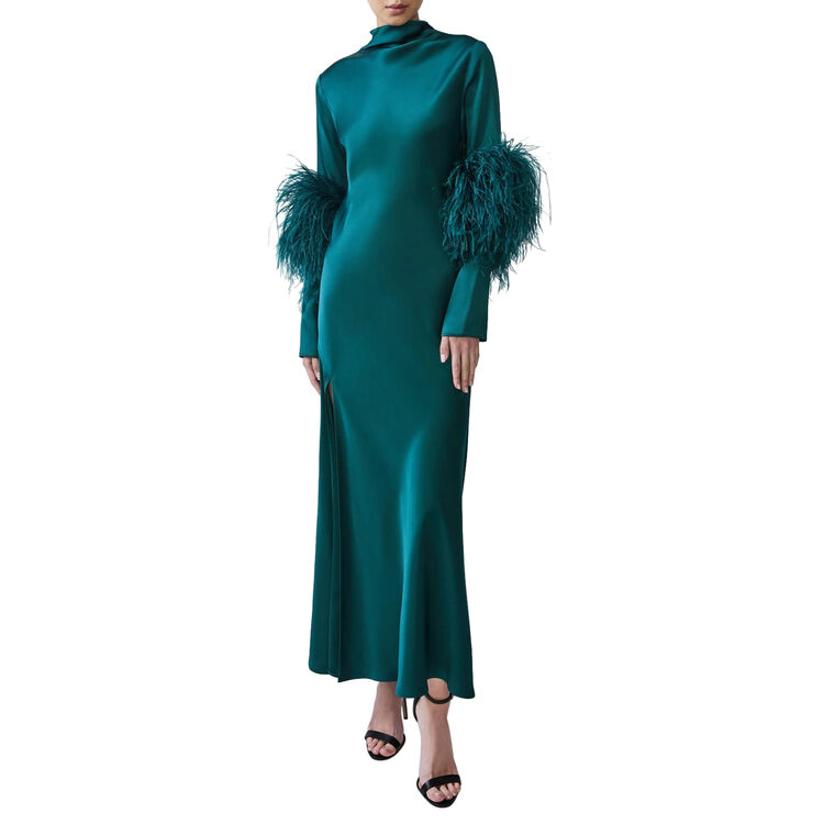 Satin Draped Neck Bias Dress With Feathers image number null
