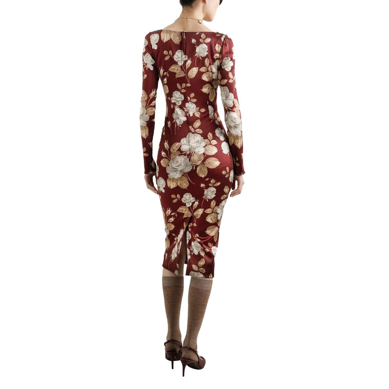 Long Sleeve Squareneck Rose-Print Midi Dress image number null