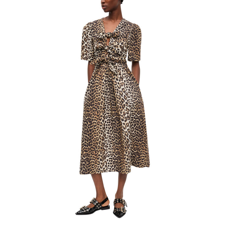 Leopard Printed Cotton Tie Strap Midi Dress image number null