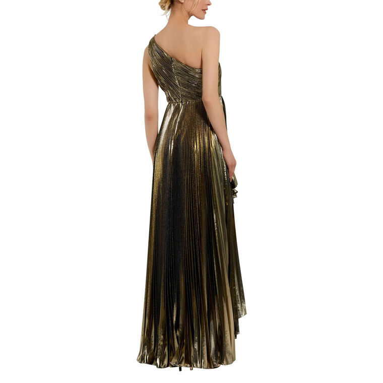 Pleated Metallic One Shoulder High Low Gown image number null