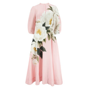 Cotton Flower Print Mandarin Neck Puff Sleeve Full Skirt Dress