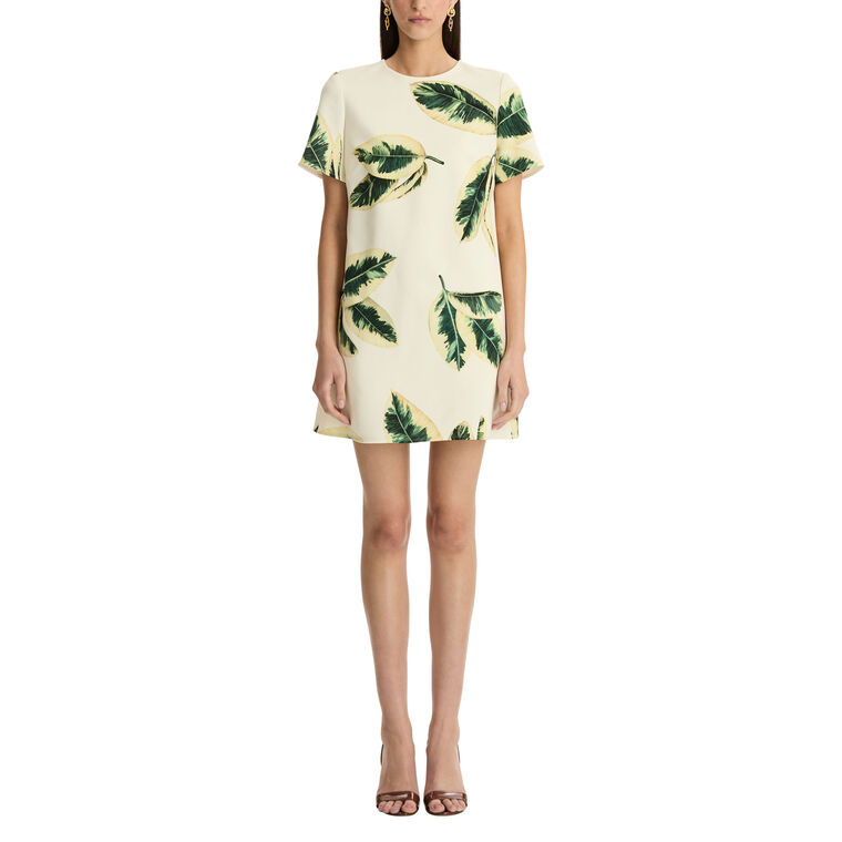 Short Sleeve Ficus Leaves Wool Day Dress image number null