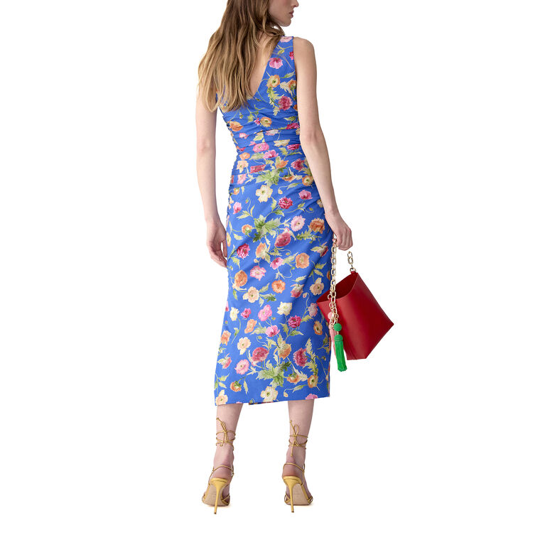 Sleeveless Poppy-Print Gathered V-Neck Midi Dress image number null