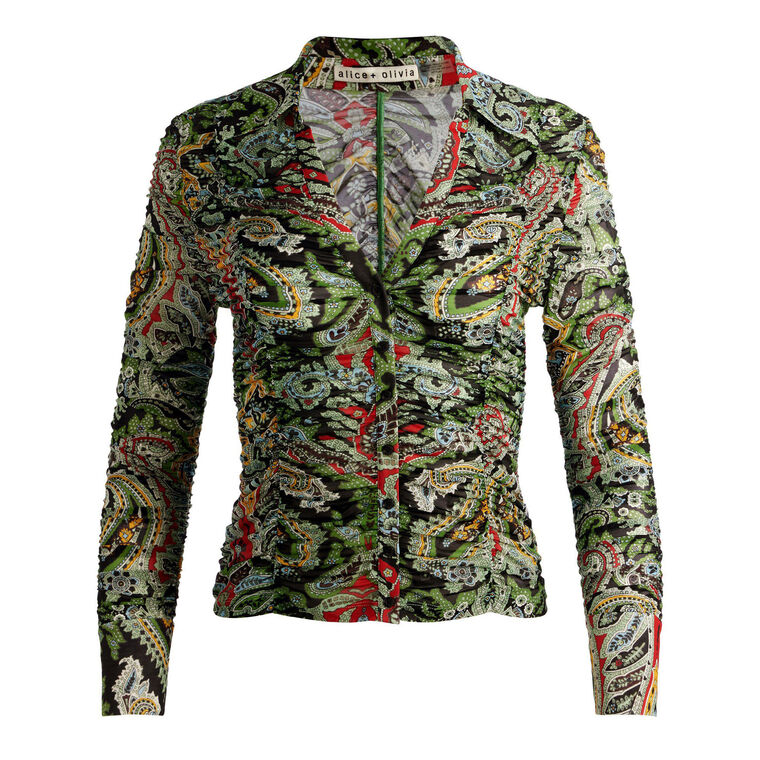 Portia Long Sleeve Ruched Mesh Button Down Top image number null