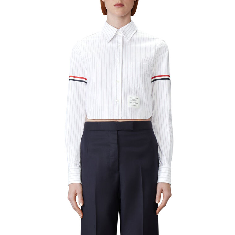 Long Sleeve Cropped Button Down Point Collar Oxford Shirt image number null