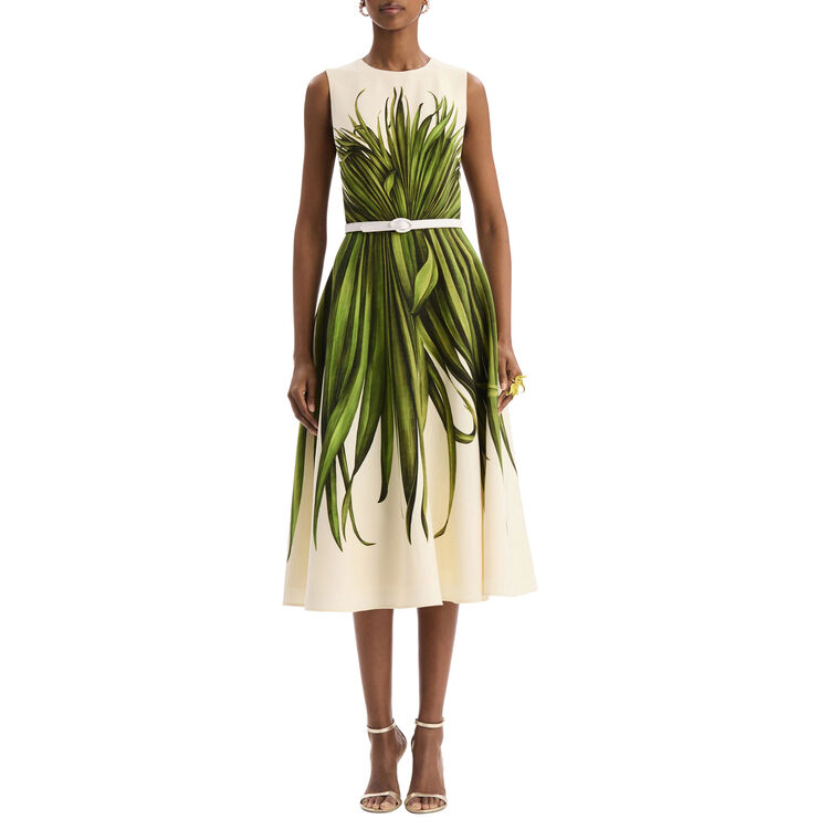 Sleeveless Palm Leaves Wool-Blend Midi Day Dress image number null