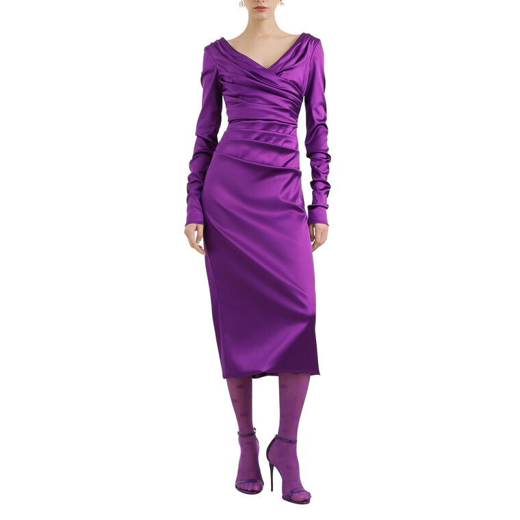 Long Sleeve Stretch Satin Ruched Midi Dress image number null