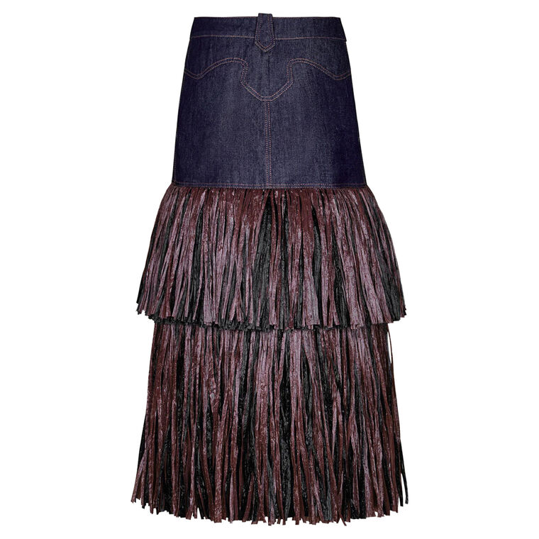 Calipso Denim Raffia Detail Ankle Skirt image number null