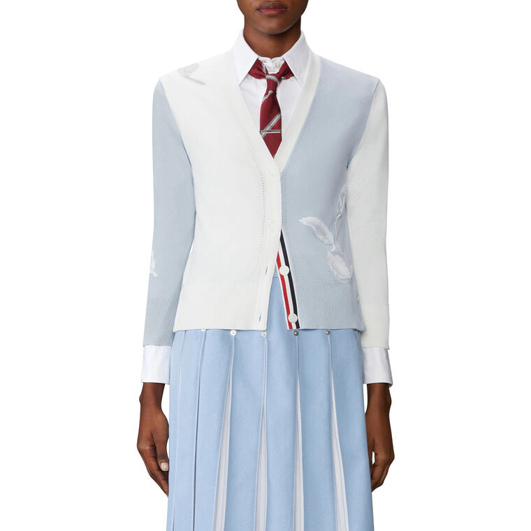 Funmix Feather Jersey Instarsia Pointelle Relaxed Fit V-Neck Cardigan image number null