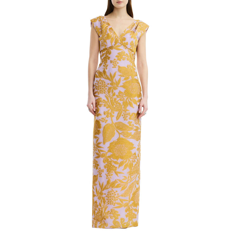 Cap Sleeve Floral Fil Coupe V-Neck Gown image number null
