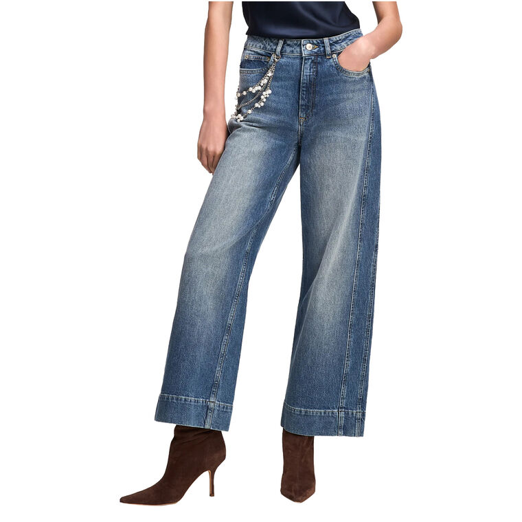 Wide-Leg Pearl Chain Denim Betsy Jeans image number null