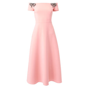 Bow-Embroidered Off Shoulder A-Line Midi Dress