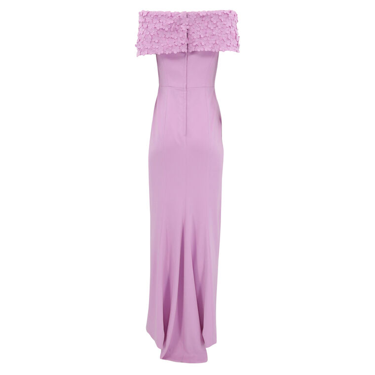Off-Shoulder Roll Collar Gown With Camellia Petals image number null