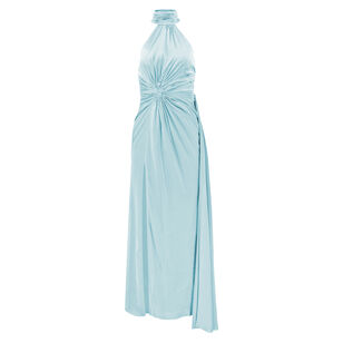 Open Back High Neck Side Ruched Front Slit Gown