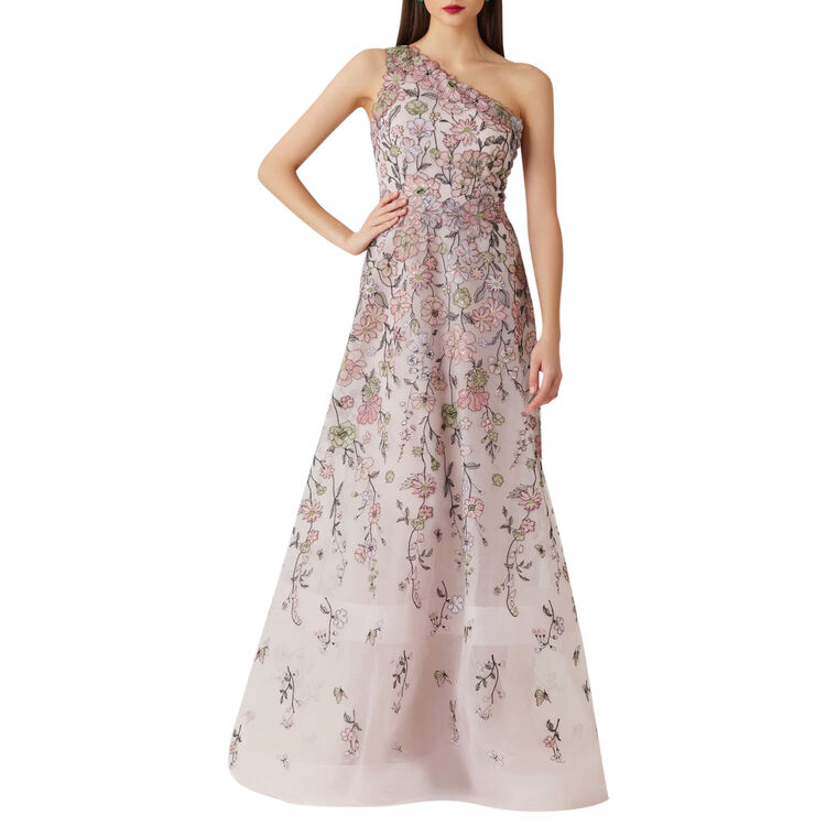 Floral Embroidered Tulle One Shoulder Gown image number null