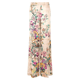 Bird Print Silk Satin Wide Leg Trouser