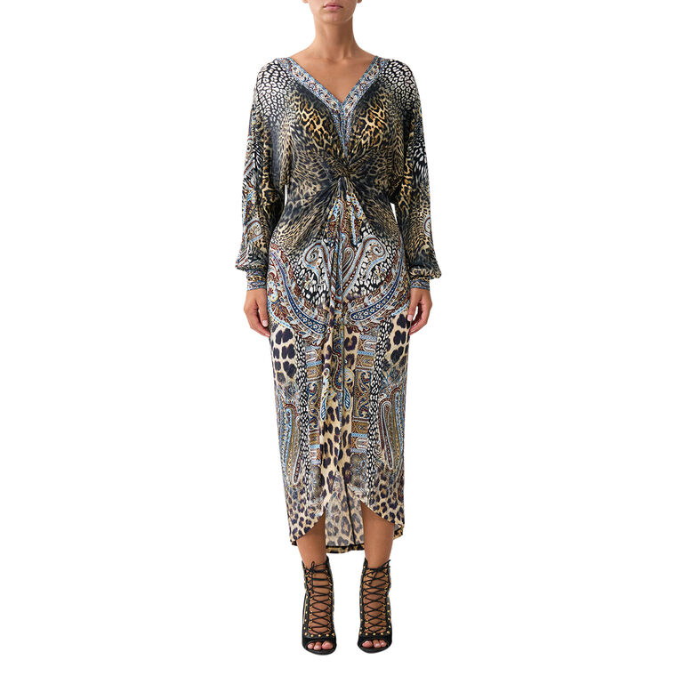 Twist Front Long Sleeve Midi Dress image number null