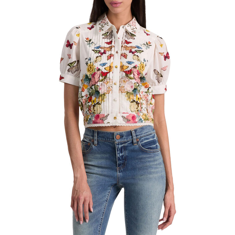Rosie Cropped Puff Sleeve Button-Down Top image number null