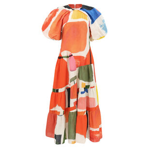 Mosaic Puff-Sleeve Midi Dress
