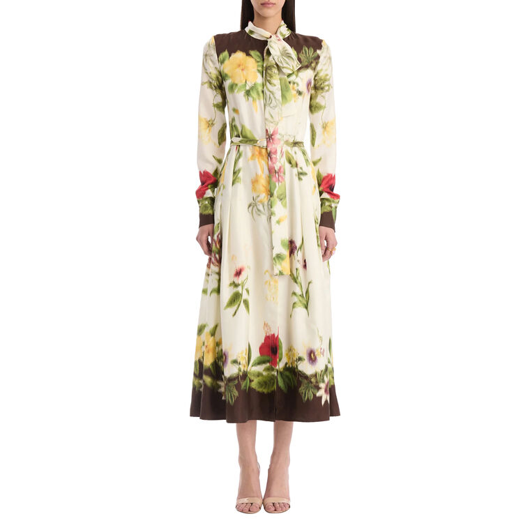 Long Sleeve Tie Neck Dominican Mixed-Floral Silk Twill Midi Dress image number null
