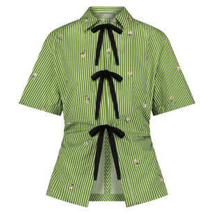 Short Sleeve Embroidered Striped Cotton Bow Front Shirt