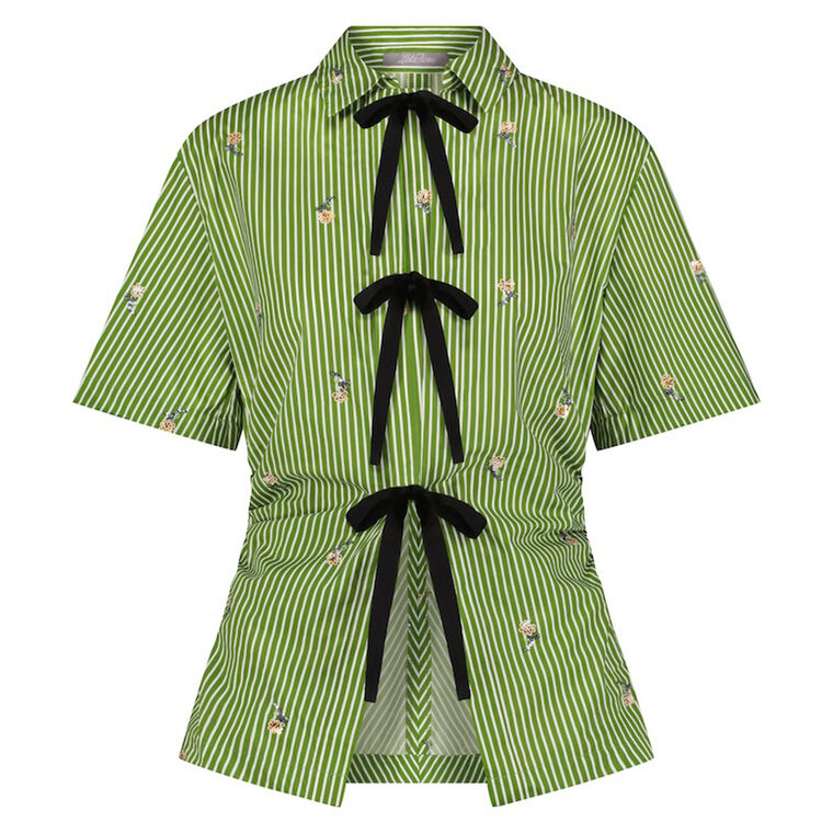 Short Sleeve Embroidered Striped Cotton Bow Front Shirt image number null