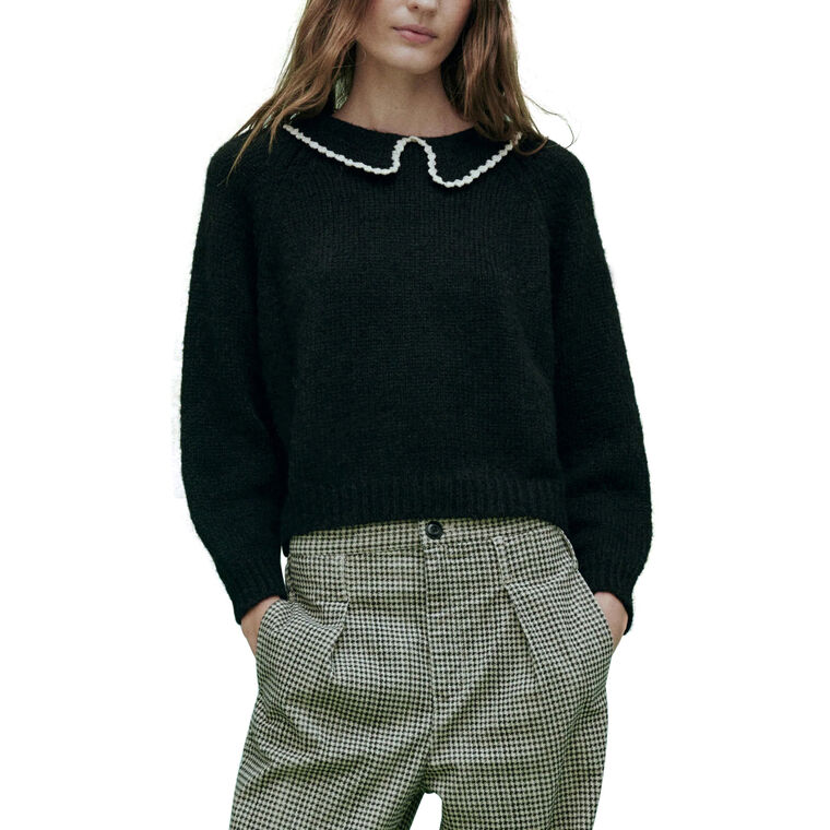 The Crochet Collar Long Sleeve Pullover Sweater image number null