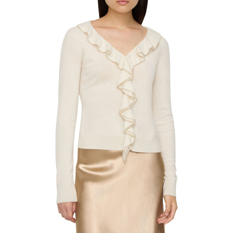 Cashmere Ruffle Trim Button Front Sweater image number null